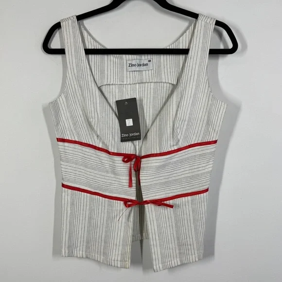 Zino Jordan White Pinstripe Linen Vest Red Tie Detail Size 48 EU Chic Top - Picture 2 of 10